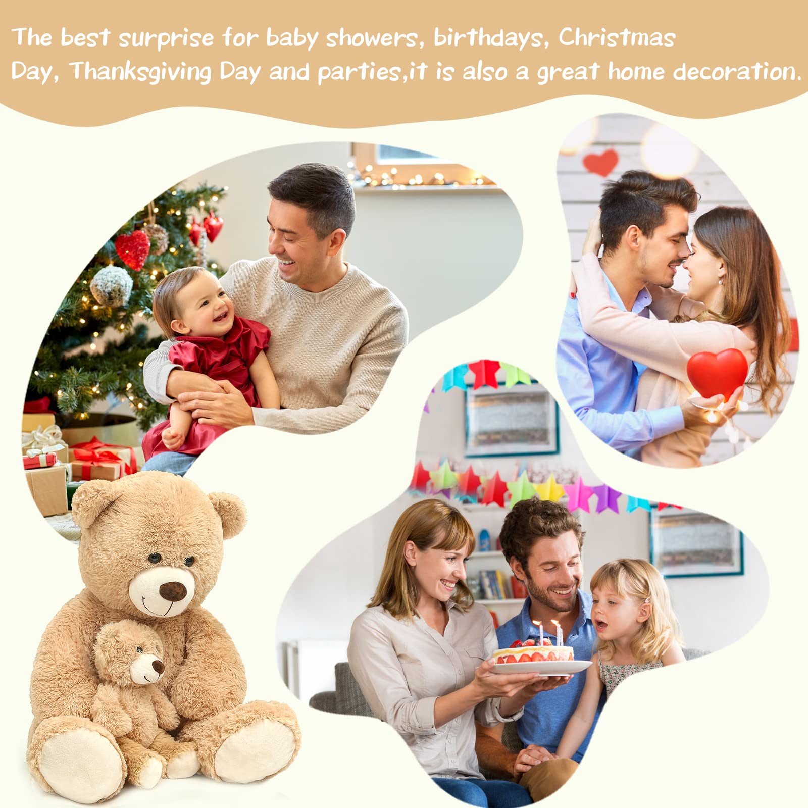100cm Giant Teddy Bear with Baby Plush – Light Brown, Soft Cuddly Stuffed Toy Gift