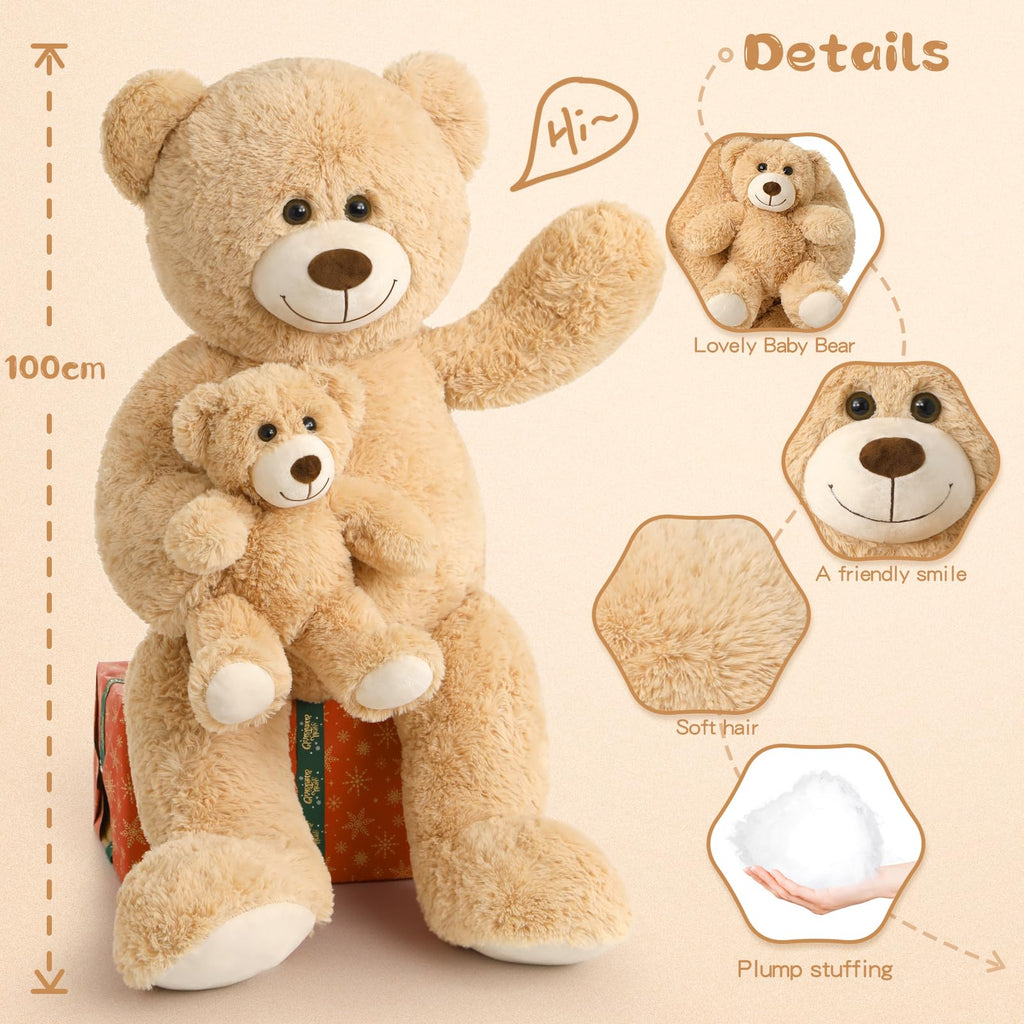 100cm Giant Teddy Bear with Baby Plush – Light Brown, Soft Cuddly Stuffed Toy Gift