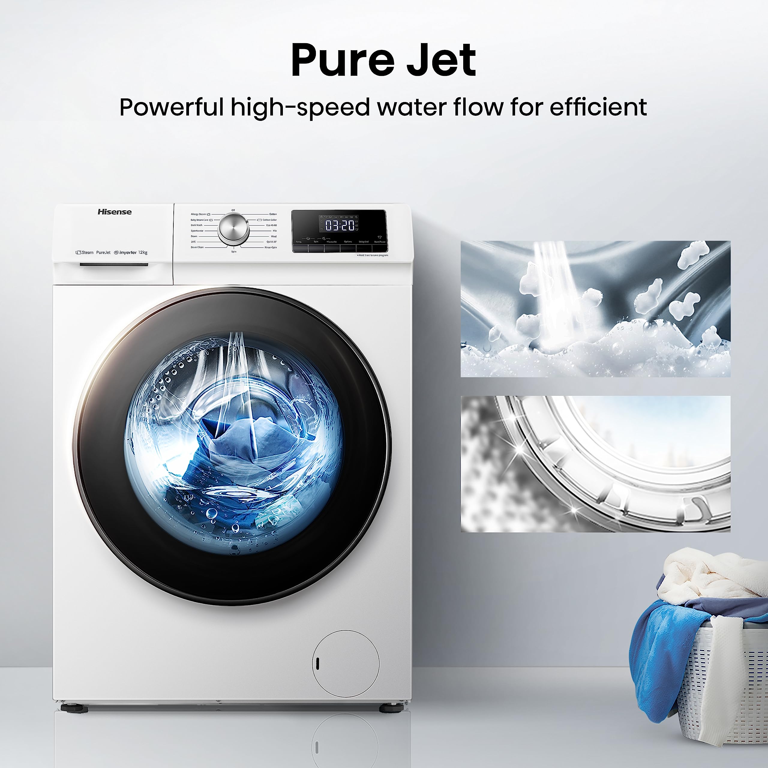 Freestanding Front Load Washing Machine – 12kg, Inverter Motor, 15 Programs, Quick & Steam Wash, 1400 RPM, White, Energy Class A